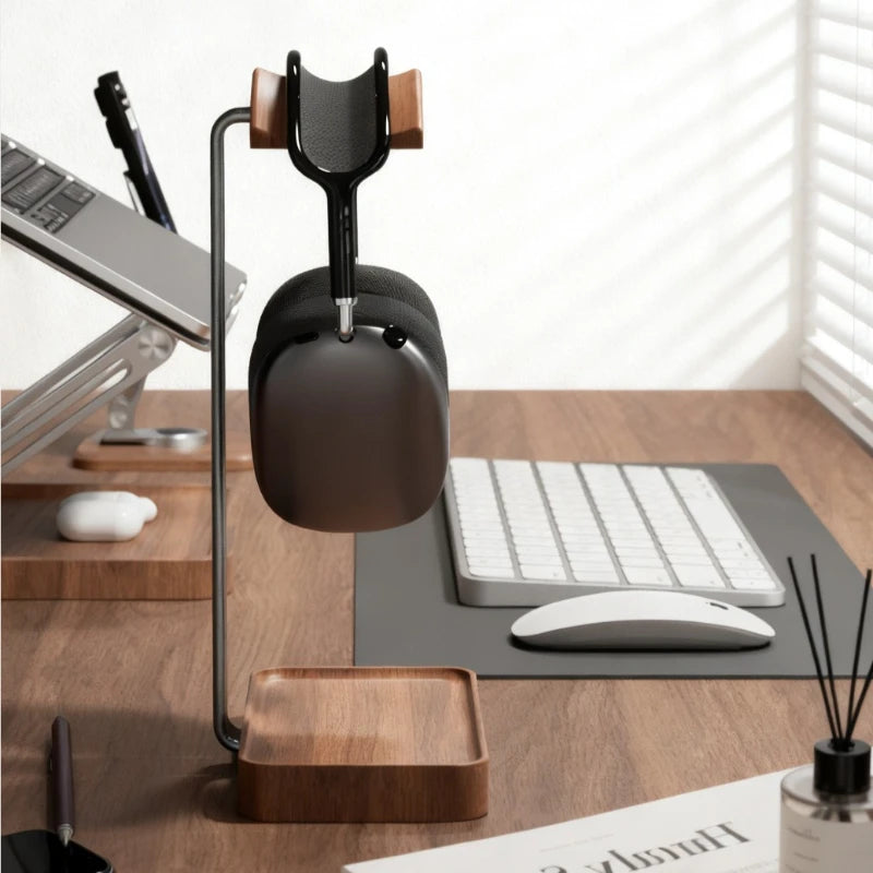 Walnut Wood Headphone Stand with Storage Tray – Weighted Base for AirPods Max & Over-Ear Headphones, Desk Organiser