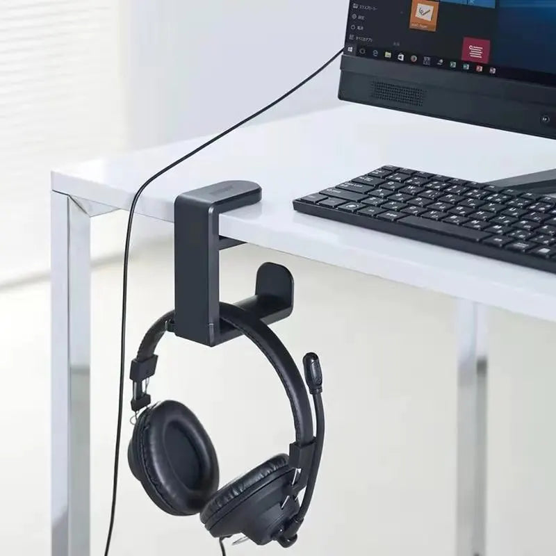 360° Rotating Under Desk Headphone Stand – Clamp-On Hanger with Cable Clip, No Drill Desk Organiser for PC Gaming Headsets