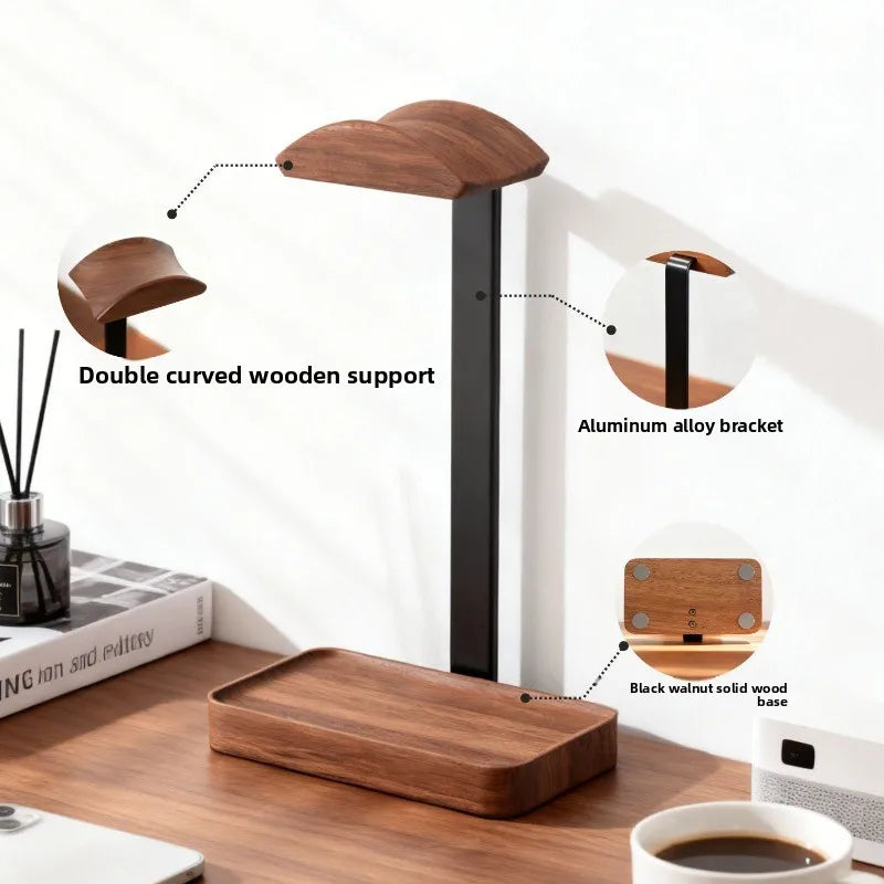 Walnut Wood Headphone Stand with Storage Tray – Weighted Base for AirPods Max & Over-Ear Headphones, Desk Organiser