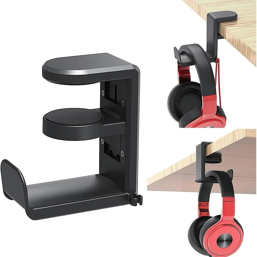 360° Rotating Under Desk Headphone Stand – Clamp-On Hanger with Cable Clip, No Drill Desk Organiser for PC Gaming Headsets