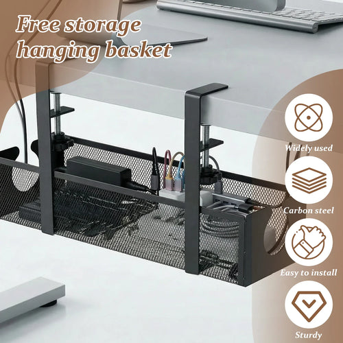 Clamp-On Under Desk Cable Management Tray – Carbon Steel, No Drill Cable Organiser for Power Strips & Cables