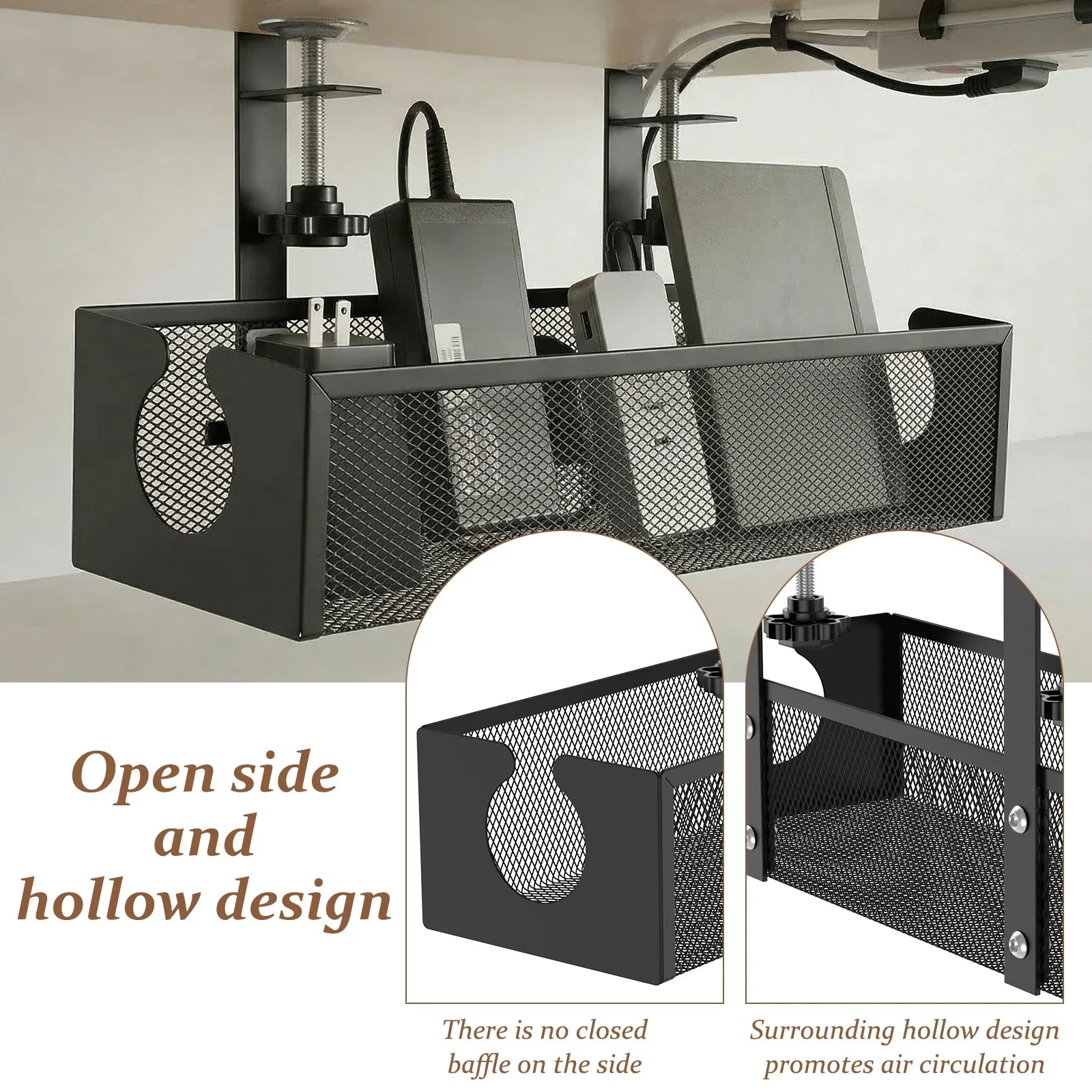 Clamp-On Under Desk Cable Management Tray – Carbon Steel, No Drill Cable Organiser for Power Strips & Cables