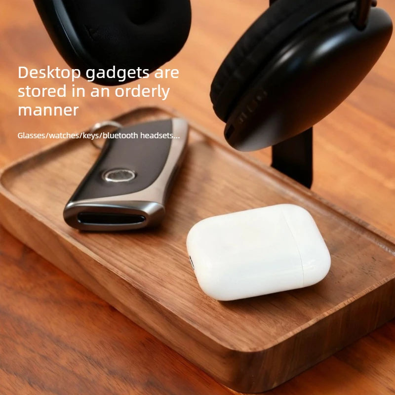 Walnut Wood Headphone Stand with Storage Tray – Weighted Base for AirPods Max & Over-Ear Headphones, Desk Organiser