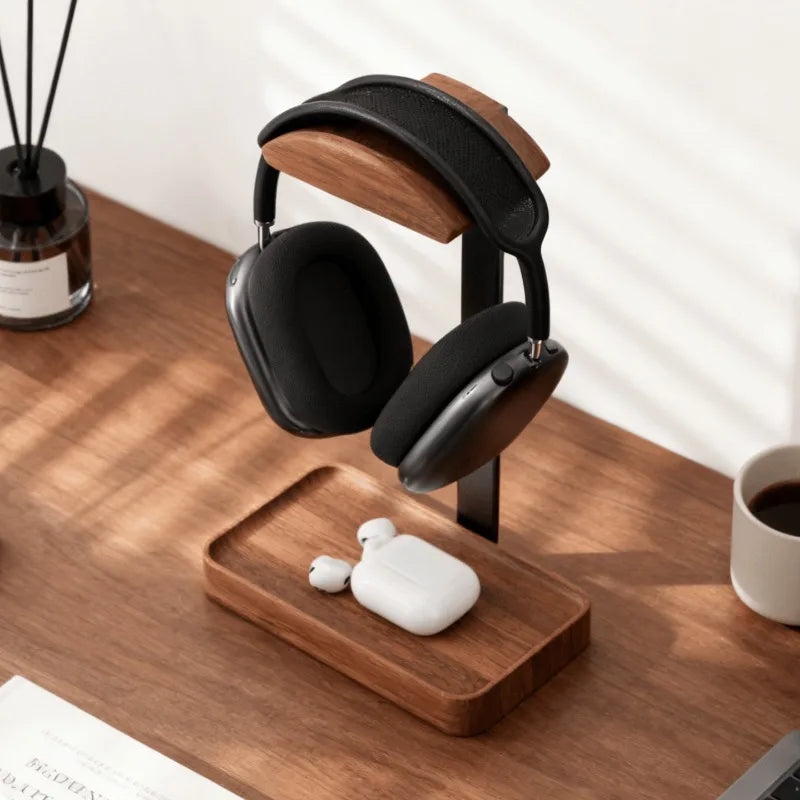 Walnut Wood Headphone Stand with Storage Tray – Weighted Base for AirPods Max & Over-Ear Headphones, Desk Organiser