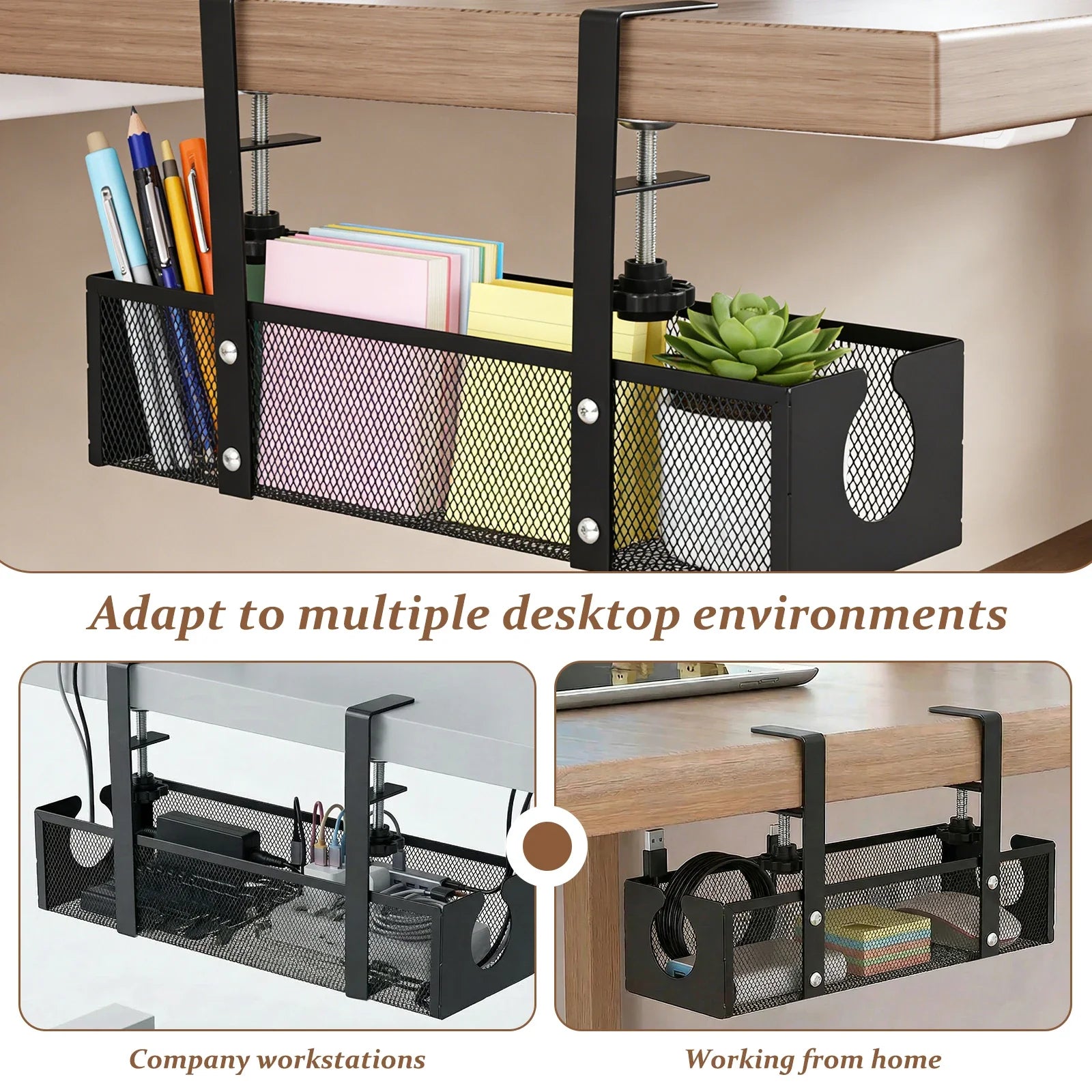 Clamp-On Under Desk Cable Management Tray – Carbon Steel, No Drill Cable Organiser for Power Strips & Cables
