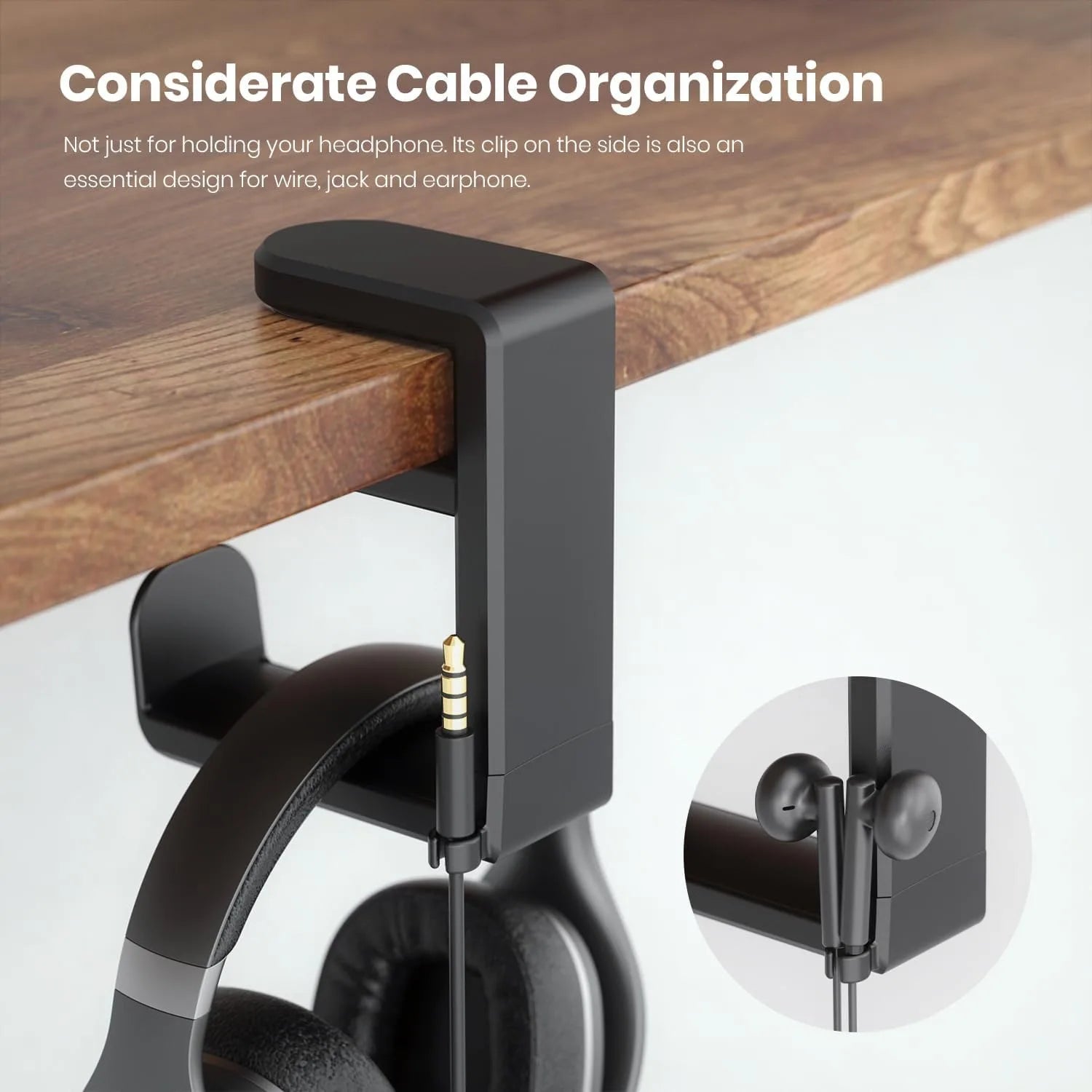 360° Rotating Under Desk Headphone Stand – Clamp-On Hanger with Cable Clip, No Drill Desk Organiser for PC Gaming Headsets