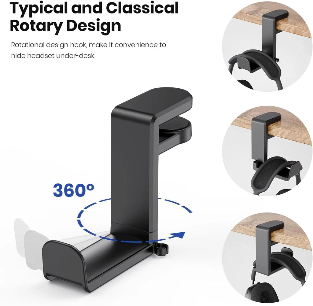 360° Rotating Under Desk Headphone Stand – Clamp-On Hanger with Cable Clip, No Drill Desk Organiser for PC Gaming Headsets
