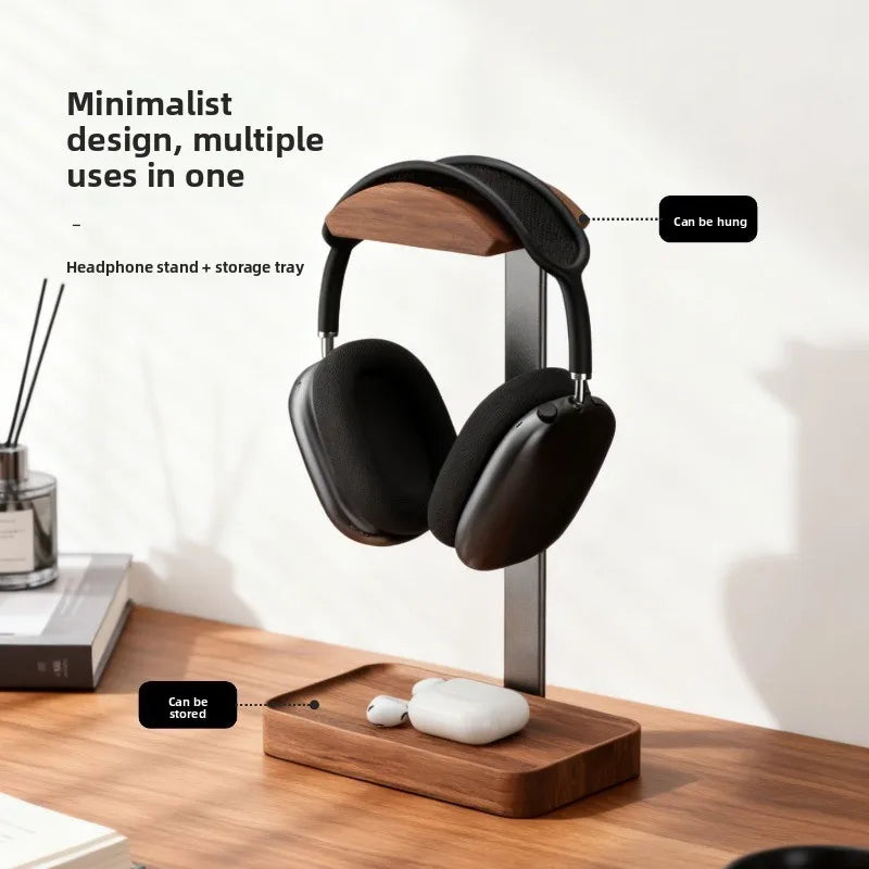 Walnut Wood Headphone Stand with Storage Tray – Weighted Base for AirPods Max & Over-Ear Headphones, Desk Organiser