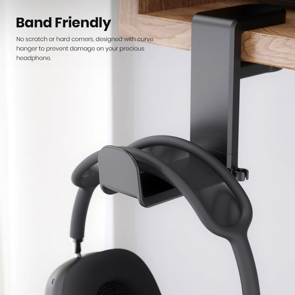 360° Rotating Under Desk Headphone Stand – Clamp-On Hanger with Cable Clip, No Drill Desk Organiser for PC Gaming Headsets